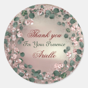 Pegatina Redonda Gracias Eucalipto Cumpleaños Novia Verdor Rosa
