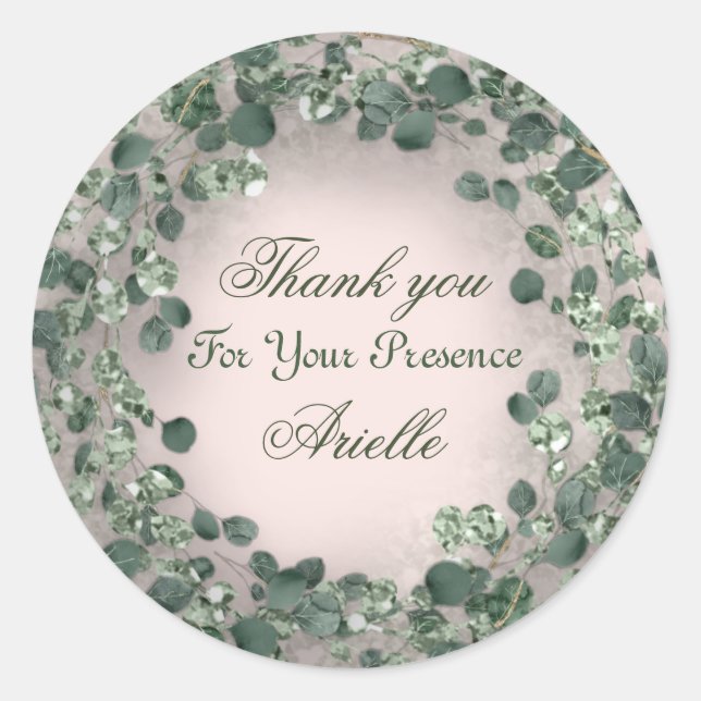 Pegatina Redonda Gracias Eucalipto Cumpleaños Rústico VERDE  Polvo (Anverso)