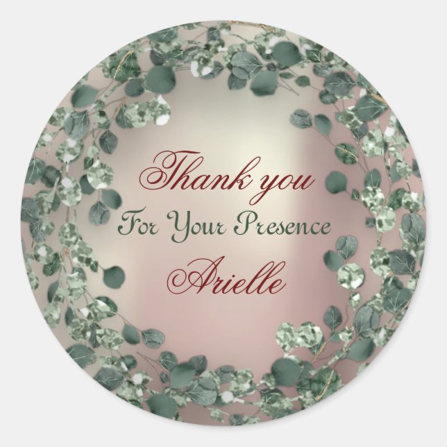 Pegatina Redonda Gracias Eucalyptus Birthday Bride Greenery Pearl (Anverso)