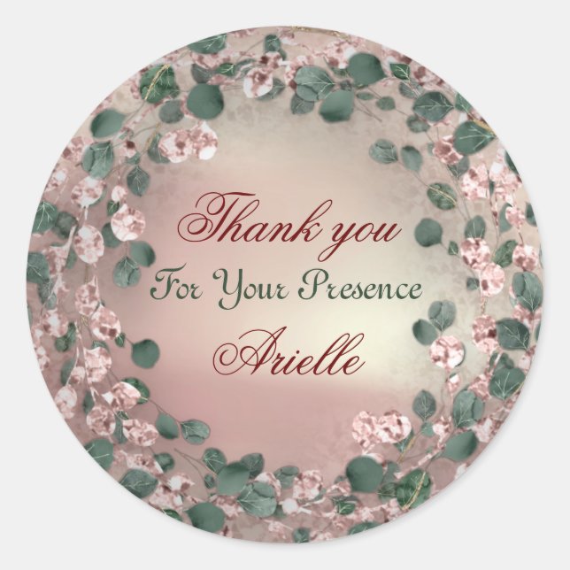 Pegatina Redonda Gracias Eucalyptus Birthday Bride Greenery Rosa (Anverso)