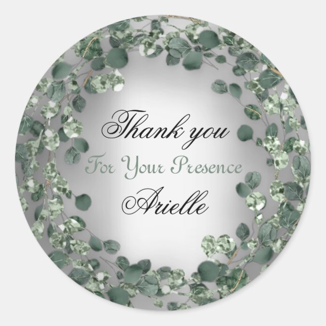 Pegatina Redonda Gracias Eucalyptus Birthday Bride Mint Gray (Anverso)