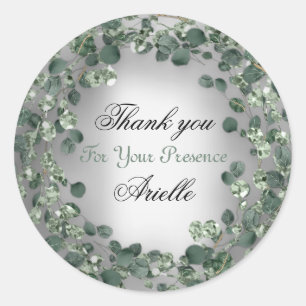 Pegatina Redonda Gracias Eucalyptus Birthday Bride Mint Gray