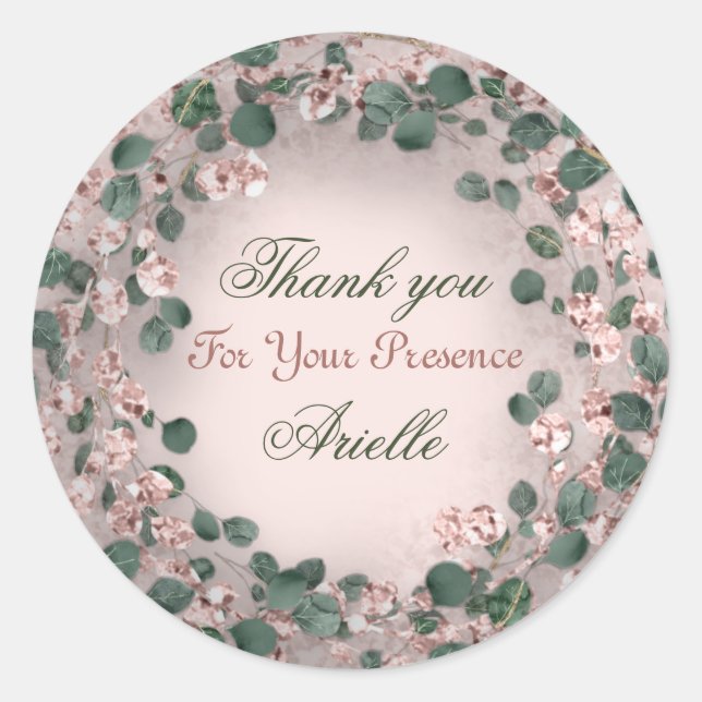 Pegatina Redonda Gracias Eucalyptus Birthday Mint Greenery Powder (Anverso)