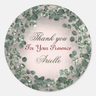 Pegatina Redonda Gracias Eucalyptus Birthday Mint Greenery Rosa