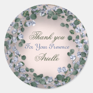 Pegatina Redonda Gracias Eucalyptus Cumpleaños Azul Verde Polvo