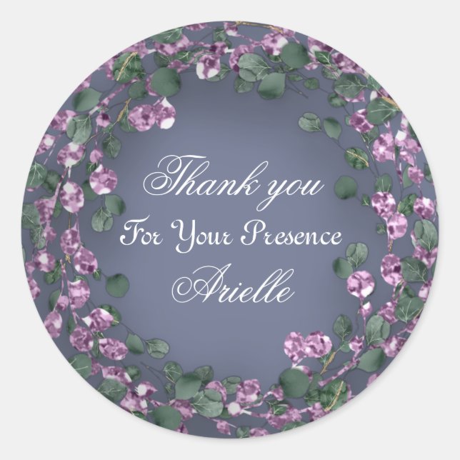 Pegatina Redonda Gracias Eucalyptus Cumpleaños Bridal Azul Rosa (Anverso)