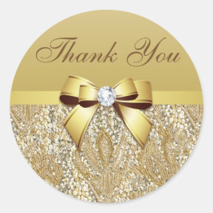 Pegatina Redonda Gracias Faux Gold Sequins Bow Diamond