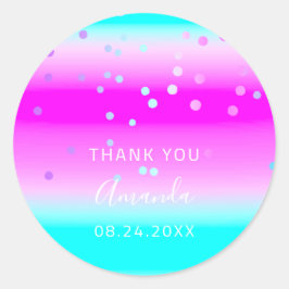 Pegatina Redonda Gracias Fecha Azul Rosa Ombre Oceánico