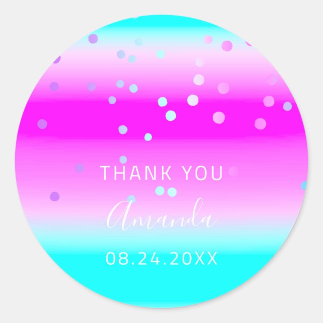Pegatina Redonda Gracias Fecha Azul Rosa Ombre Oceánico (Anverso)