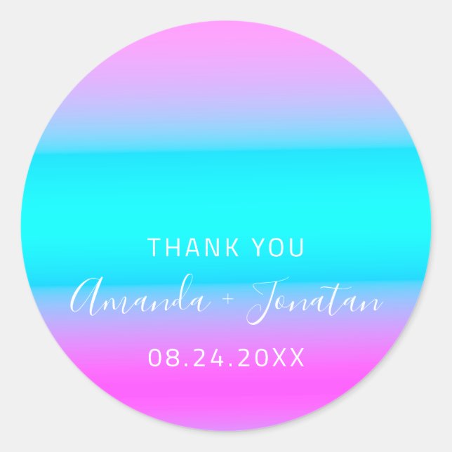 Pegatina Redonda Gracias Fecha De Nombre Azul Aqua Ombre Rosa (Anverso)