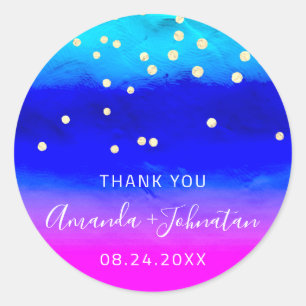 Pegatina Redonda Gracias Fecha De Nombre Azul Oceánico Pink Confett