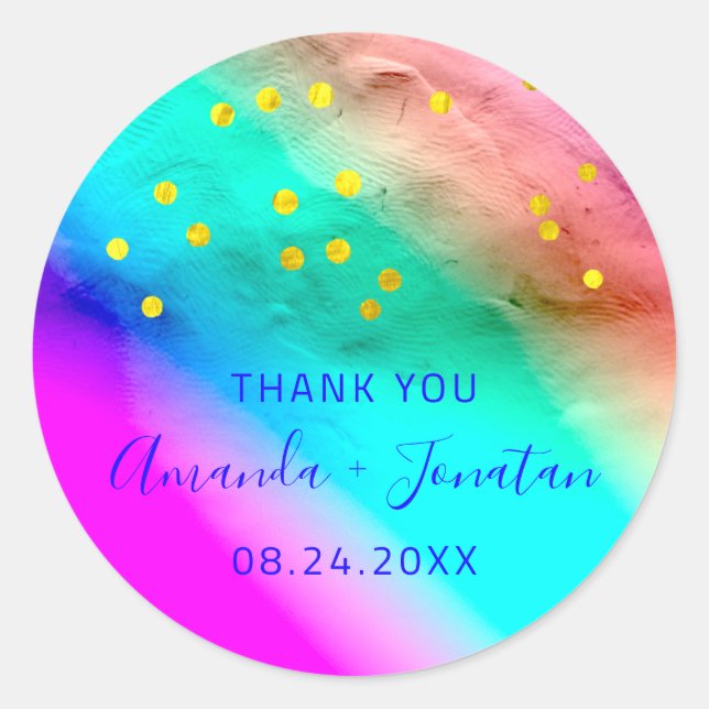 Pegatina Redonda Gracias Fecha De Nombre Azul Oro Confetti Arcoiris (Anverso)