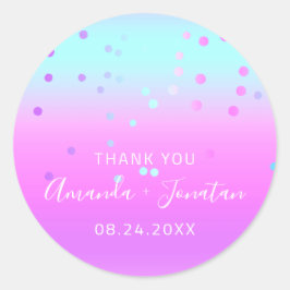 Pegatina Redonda Gracias Fecha De Nombre Azul Pink Pastel Confetti