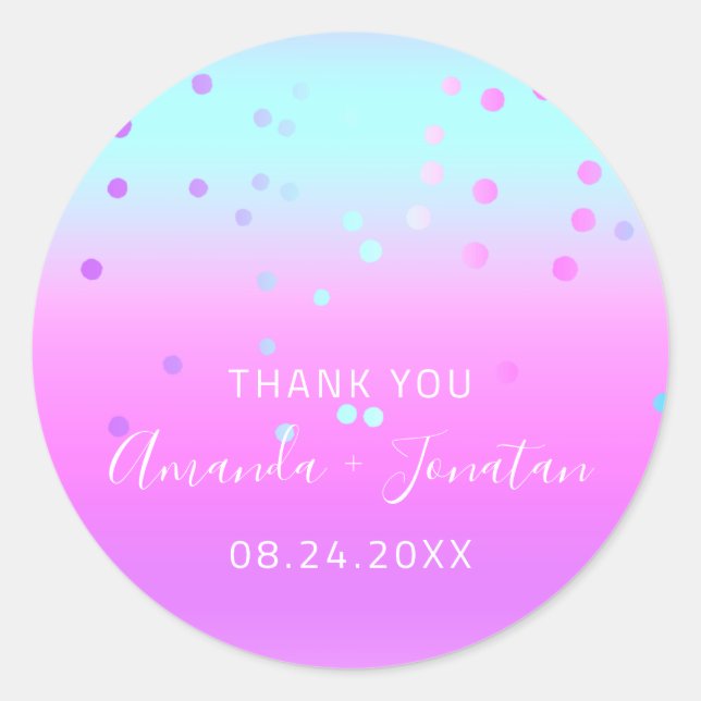 Pegatina Redonda Gracias Fecha De Nombre Azul Pink Pastel Confetti (Anverso)