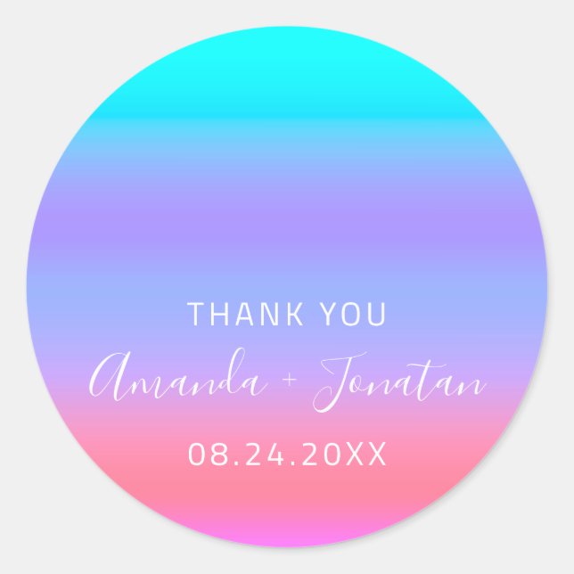 Pegatina Redonda Gracias Fecha De Nombre Azul Rosa Aqua Ombre Rosa (Anverso)