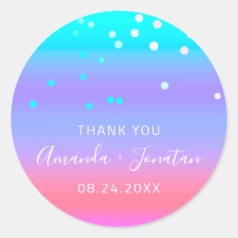 Pegatina Redonda Gracias Fecha De Nombre Blue Pink Aqua Pink Confet