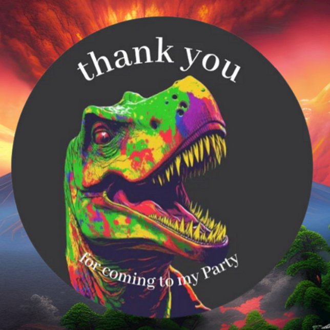 Pegatina Redonda Gracias fiesta de cumpleaños de dinosaurio (Bring your dream party to life with our selection of quality Dinosaur themed party supplies)