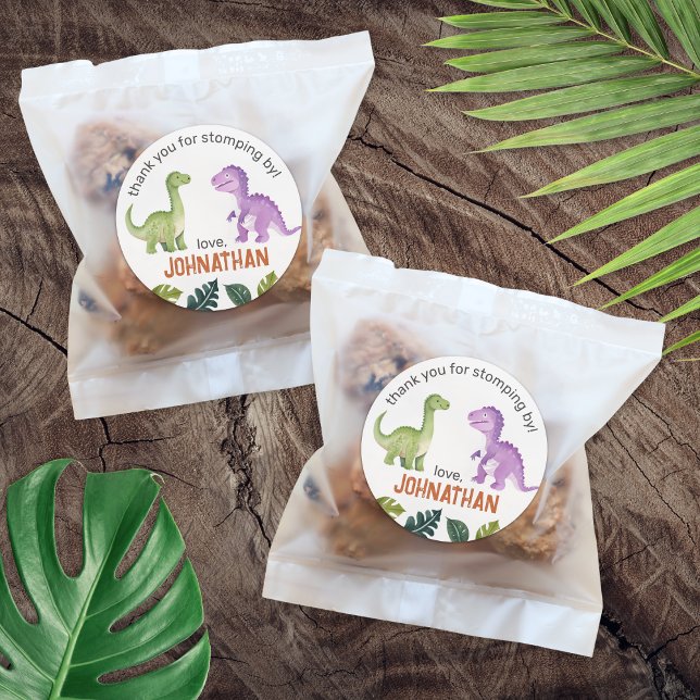 Pegatina Redonda Gracias, fiesta de cumpleaños de los dinosaurios (Thank You Cute Dinosaur Birthday Party Classic Round Sticker)