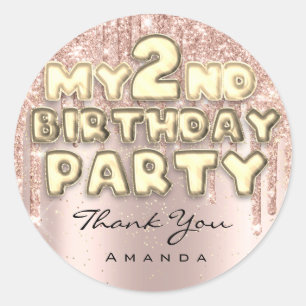 Pegatina Redonda Gracias Fiesta de Cumpleaños Dulce 2º Glitter Drip