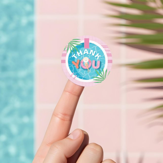 Pegatina Redonda Gracias Fiesta de la piscina de verano rosada trop (Thank You Tropical Pink Summer Birthday Pool Party Classic Round Sticker)