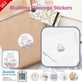 Pegatina Redonda GRACIAS Flamingo Tropical Beach Wedding