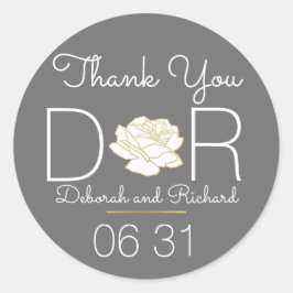 Pegatina Redonda gracias. flor rosa. favor de boda gris