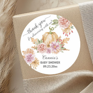 Pegatina Redonda Gracias Floral Caída Pequeña Calabaza Baby Shower
