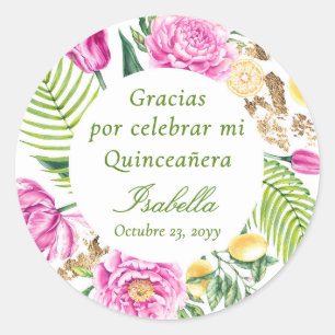 Pegatina Redonda Gracias Floral Peonías Rosadas Quinceañera Español