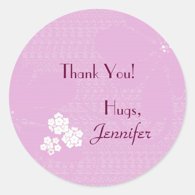 Pegatina Redonda Gracias, Floral Rosa, Nombre Personalizado (Anverso)