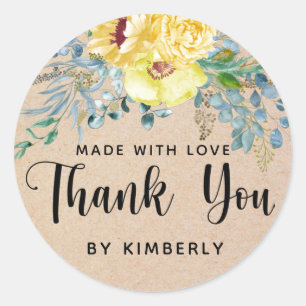 Pegatina Redonda Gracias flores amarillas hechas con amor