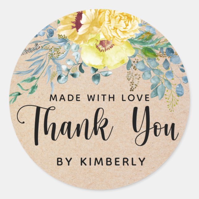 Pegatina Redonda Gracias flores amarillas hechas con amor (Anverso)