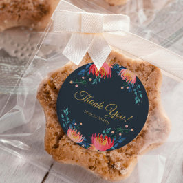 Pegatina Redonda Gracias! Flores azules oscuras, elegantes y capric