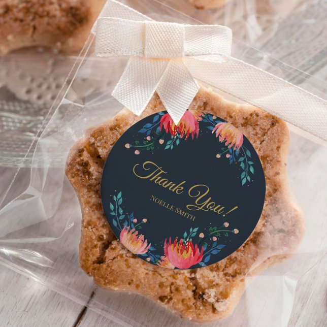 Pegatina Redonda Gracias! Flores azules oscuras, elegantes y capric (Subido por el creador)