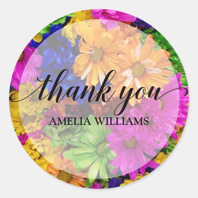Pegatina Redonda Gracias Flores Coloridas De Texto (Anverso)