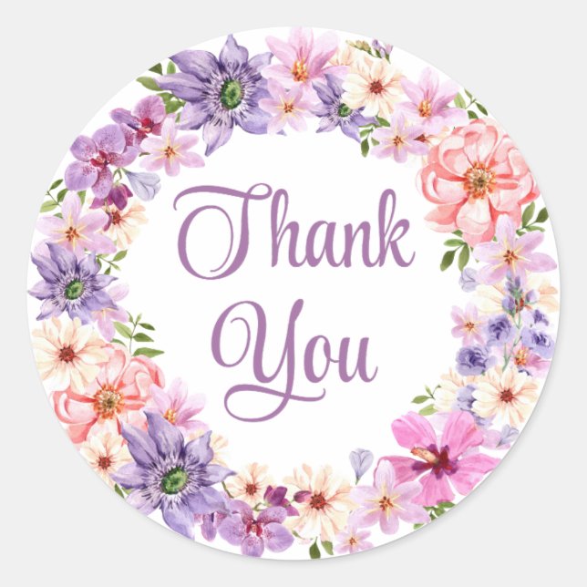 Pegatina Redonda gracias flores moradas acuarela elegante (Anverso)