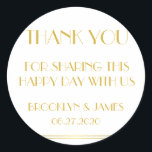 Pegatina Redonda Gracias Gold Great Gatsby Wedding Stickers<br><div class="desc">Gracias oro y blanco Gran Gatsby pegatinas de boda con texto de personalizable</div>