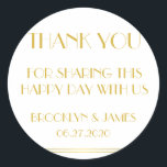 Pegatina Redonda Gracias Gold Great Gatsby Wedding Stickers<br><div class="desc">Gracias oro y blanco Gran Gatsby pegatinas de boda con texto de personalizable</div>