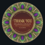Pegatina Redonda Gracias, Golden Peacock Feathers Mandala<br><div class="desc">Diseño audaz y bello: texto Personalizable con un círculo de plumas de pavo real. Magníficos verdes y colores púrpura con ricas migajas de oro. | Este nombre y detalles decorativos personalizados destacan el diseño para muchos eventos especiales - Compromiso con el personalizable / Boda (o aniversario) mantener regalos para la...</div>