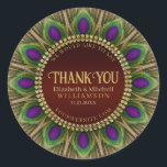 Pegatina Redonda Gracias, Golden Peacock Feathers Mandala<br><div class="desc">Diseño audaz y bello: texto Personalizable con un círculo de plumas de pavo real. Magníficos verdes y colores púrpura con ricas migajas de oro. | Este nombre y detalles decorativos personalizados destacan el diseño para muchos eventos especiales - Compromiso con el personalizable / Boda (o aniversario) mantener regalos para la...</div>