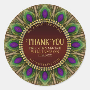 Pegatina Redonda Gracias, Golden Peacock Feathers Mandala