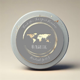 Pegatina Redonda Gracias Gray Gold World Map Travelling Globe