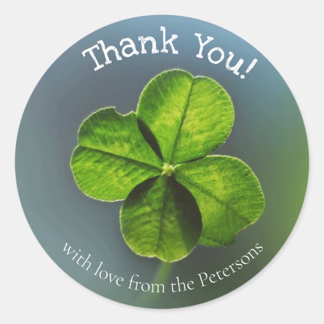 Pegatina Redonda Gracias Green Four Leaf Clover con nombre (Anverso)