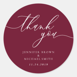Pegatina Redonda Gracias guión burgundy simple nombre fecha