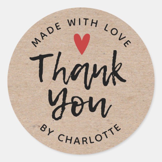 Pegatina Redonda Gracias Hecho A Mano Con Amor Rustic Kraft (Anverso)