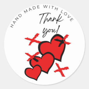 Pegatina Redonda Gracias hecho a mano con amor Xs y corazones Stick