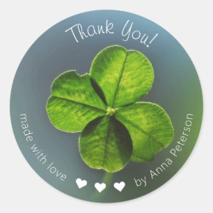 Pegatina Redonda Gracias hecho con amor Green Four Leaf Clover