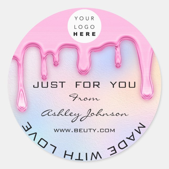 Pegatina Redonda Gracias Hecho Con Amor Holograma Logo Rosa (Anverso)