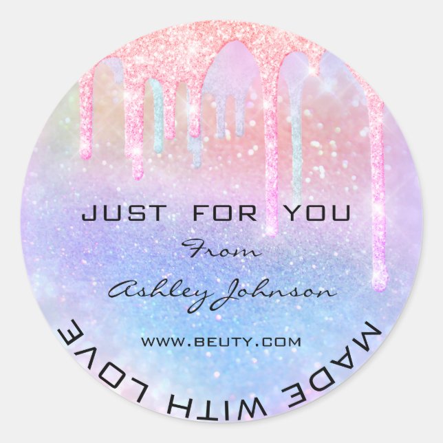 Pegatina Redonda Gracias Hecho Con Amor Holograph Purpurina (Anverso)