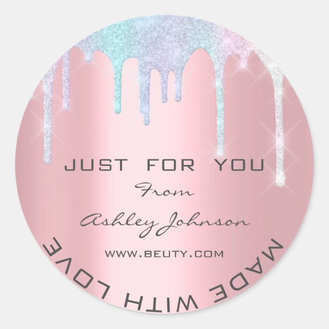 Pegatina Redonda Gracias Hecho Con Amor Purpurina Holográfico Rosa (Anverso)