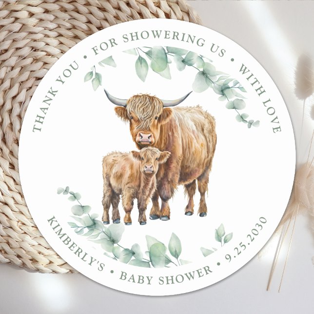Pegatina Redonda Gracias Highland Cow Boho Greenery Baby Shower (Subido por el creador)